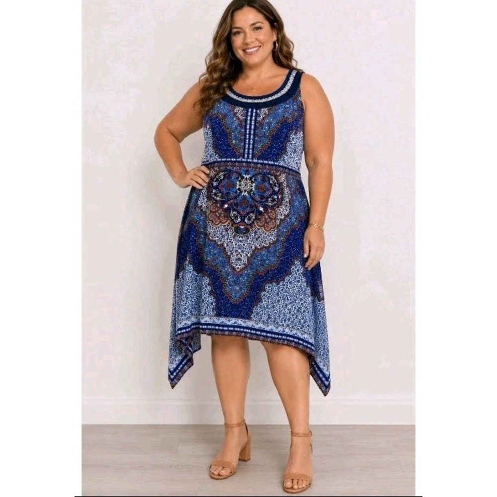 Studio One New York 18W Blue Paisley Handkerchief Hem Beaded Sleeveless Dress